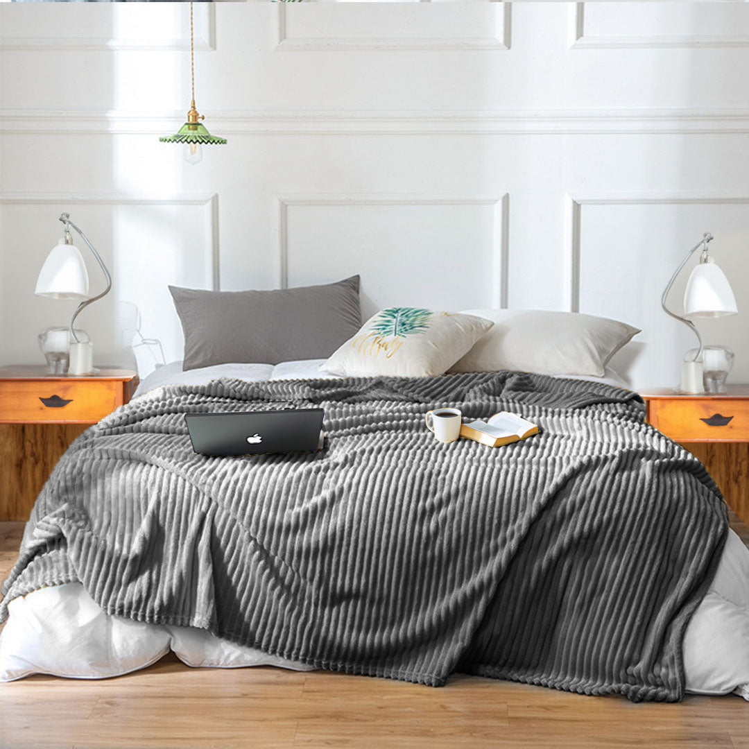 SOGA 2X GreyThrow Blanket Warm Cozy Striped Pattern Thin Flannel Coverlet Fleece Bed Sofa Comforter