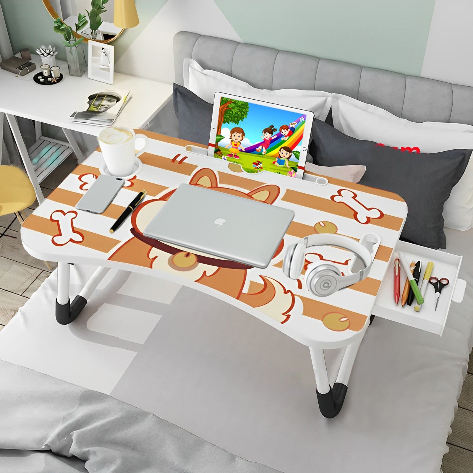 SOGA Cute Dog Design Portable Bed Table Adjustable Foldable Bed Sofa Study Table Laptop Mini Desk with Drawer and Cup Slot Home Decor