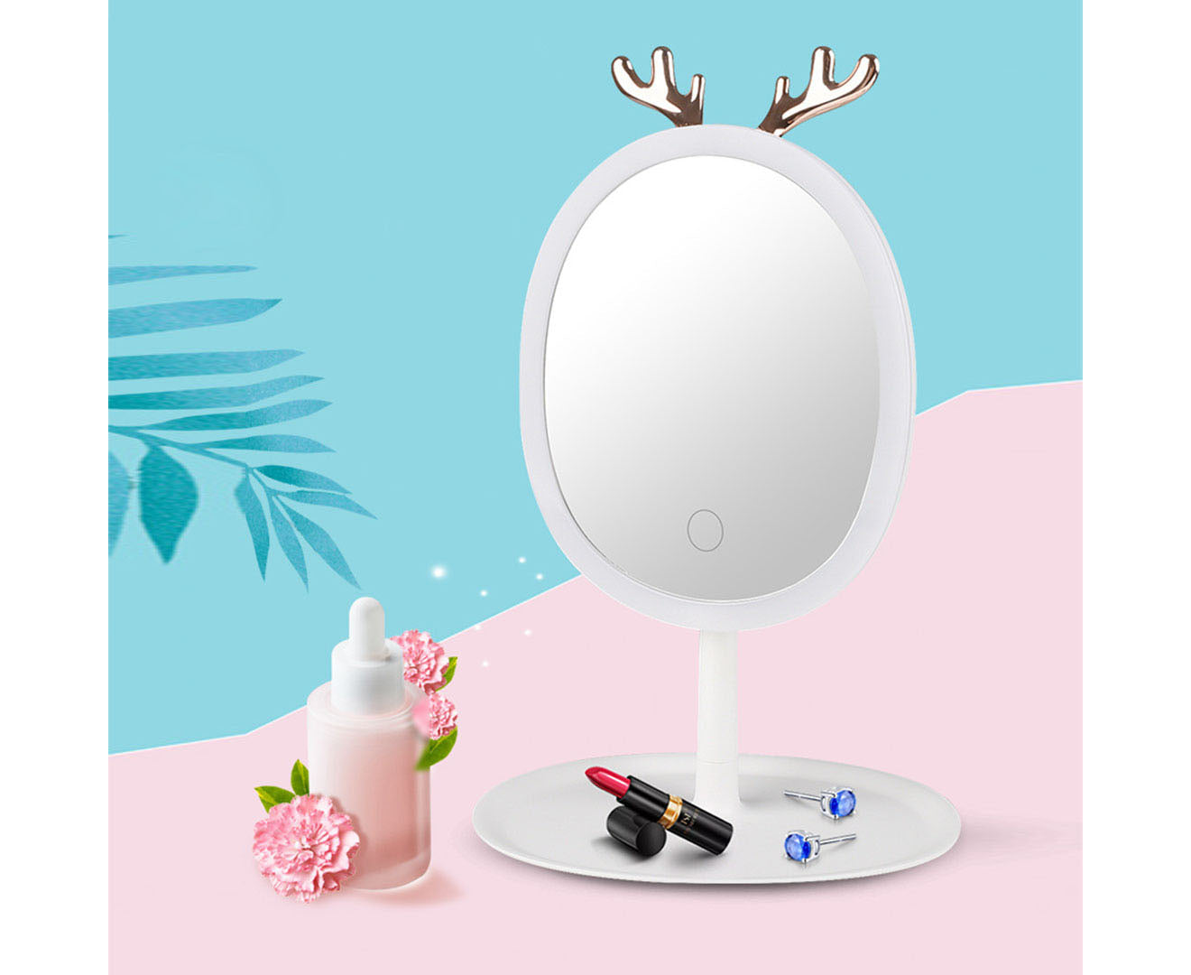 SOGA White Cosmetic Jewelry Storage Organiser with Antler LED Light Mirror Tabletop Vanity Set