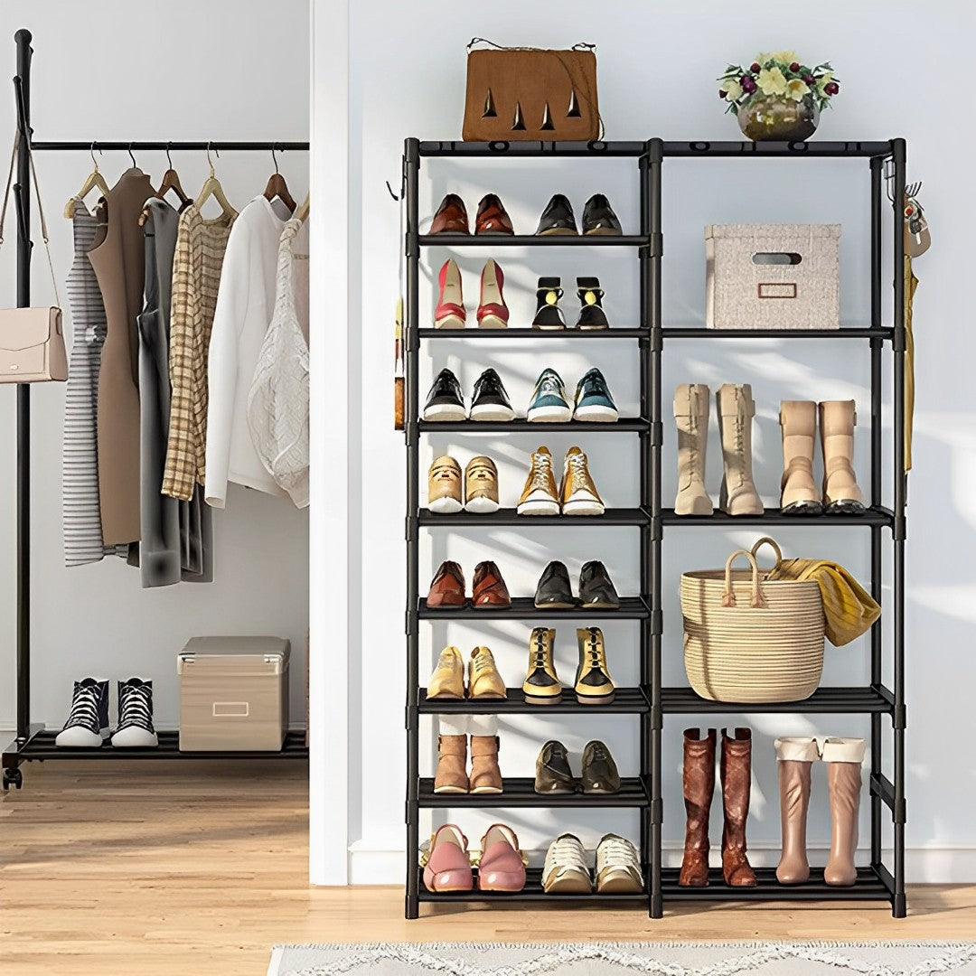 SOGA 2X 16-Shelf Tier Shoe Storage Shelf Space-Saving Caddy Rack Organiser with Side Hooks Black