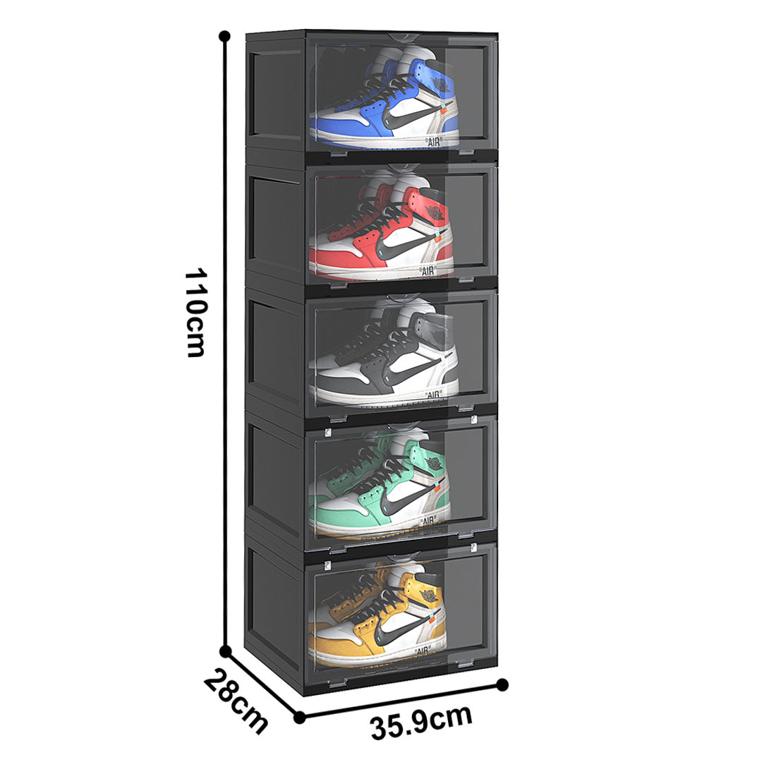 SOGA 5 Tier Black Portable Shoe Organiser Sneaker Footwear Folding Plastic Bin Stackable Storage Box with Magnetic Door