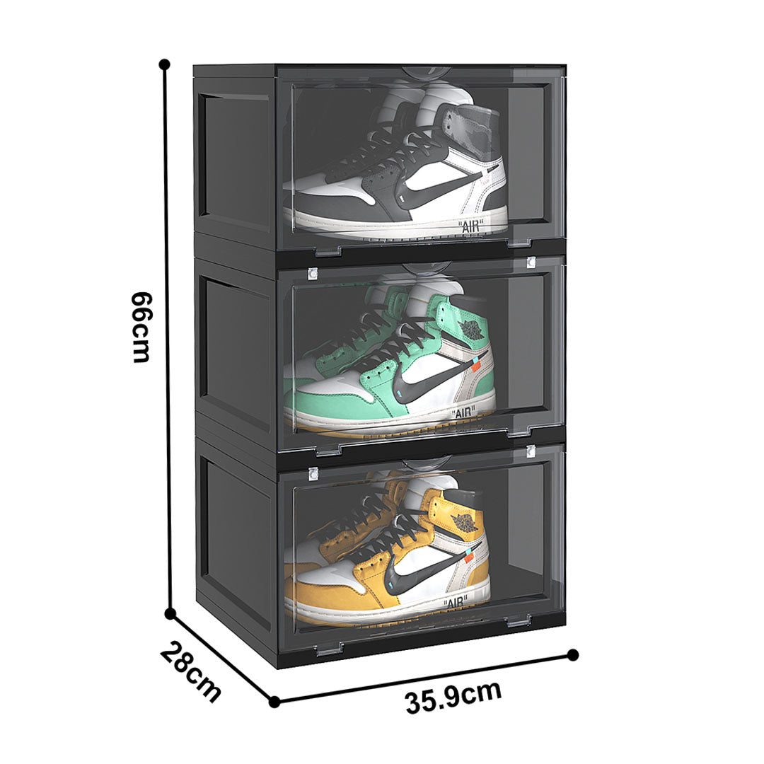 SOGA 2X 3 Tier Black Portable Shoe Organiser Sneaker Footwear Folding Plastic Bin Stackable Storage Box with Magnetic Door