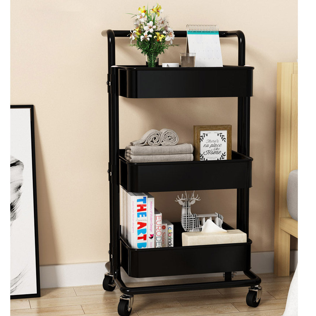 SOGA 3 Tier Steel Black Movable Kitchen Cart Multi-Functional Shelves Portable Storage Organizer with Wheels