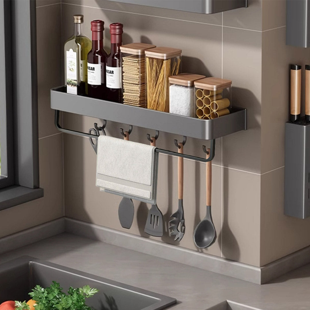 SOGA 52cm Black Wall-Mounted Rectangular Kitchen Spice Storage Organiser Space Saving Condiments Shelf Rack with Hooks