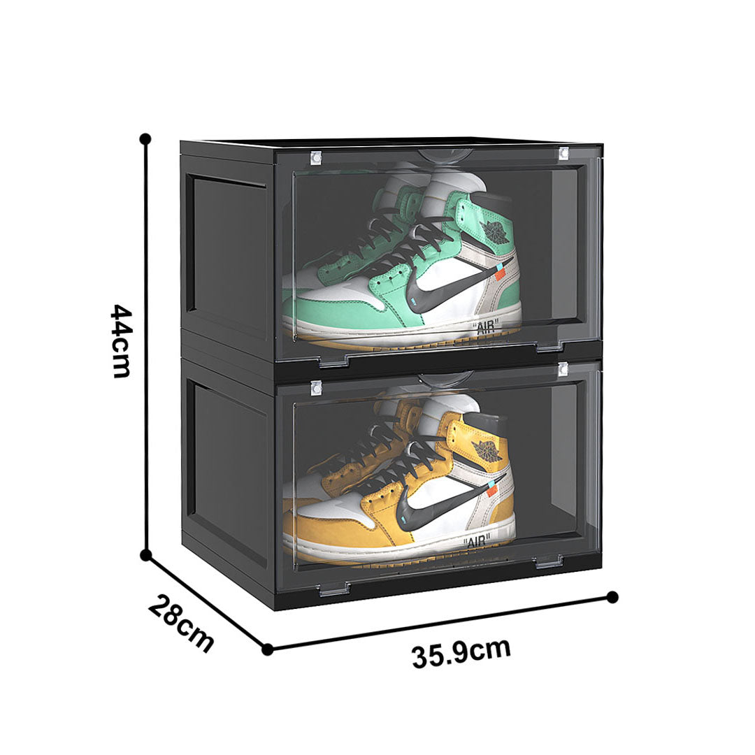 SOGA 2X 2 Tier Black Portable Shoe Organiser Sneaker Footwear Folding Plastic Bin Stackable Storage Box with Magnetic Door