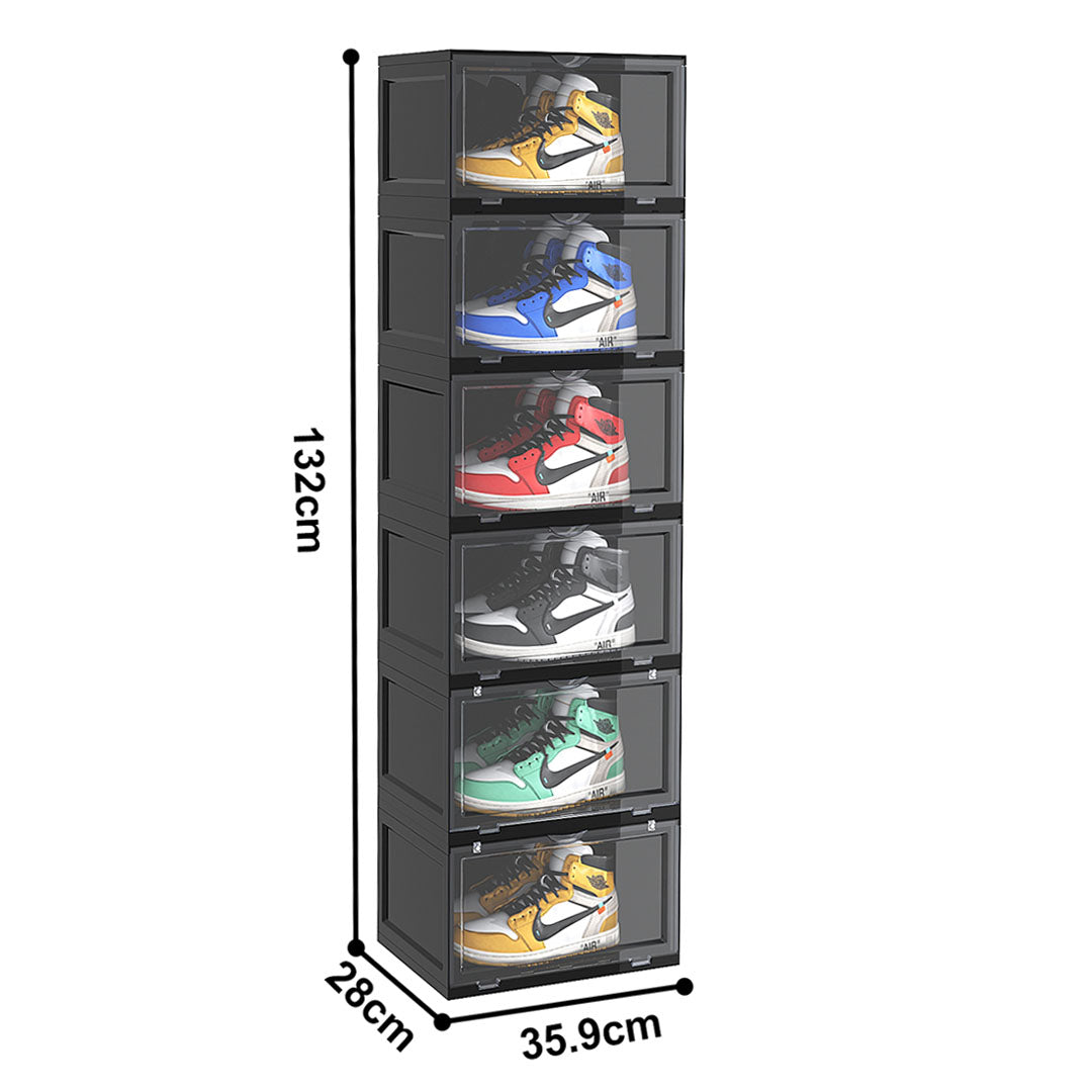 SOGA 6 Tier Black Portable Shoe Organiser Sneaker Footwear Folding Plastic Bin Stackable Storage Box with Magnetic Door