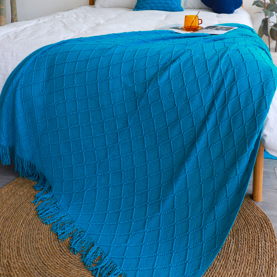 SOGA 2X Blue Diamond Pattern Knitted Throw Blanket Warm Cozy Woven Cover Couch Bed Sofa Home Decor with Tassels