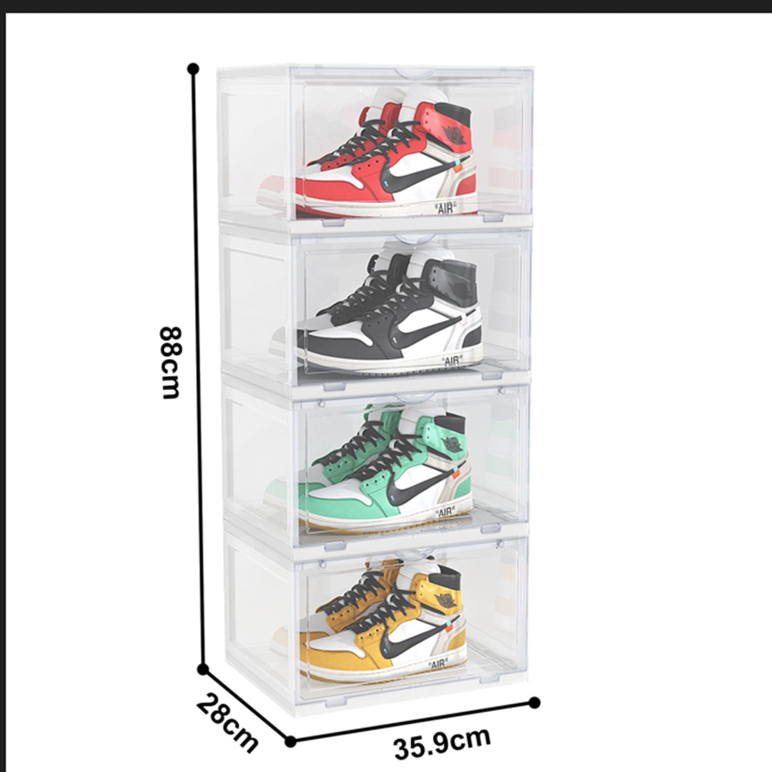 SOGA 2X 4 Tier Transparent Portable Shoe Organiser Sneaker Footwear Folding Plastic Bin Stackable Storage Box with Magnetic Door