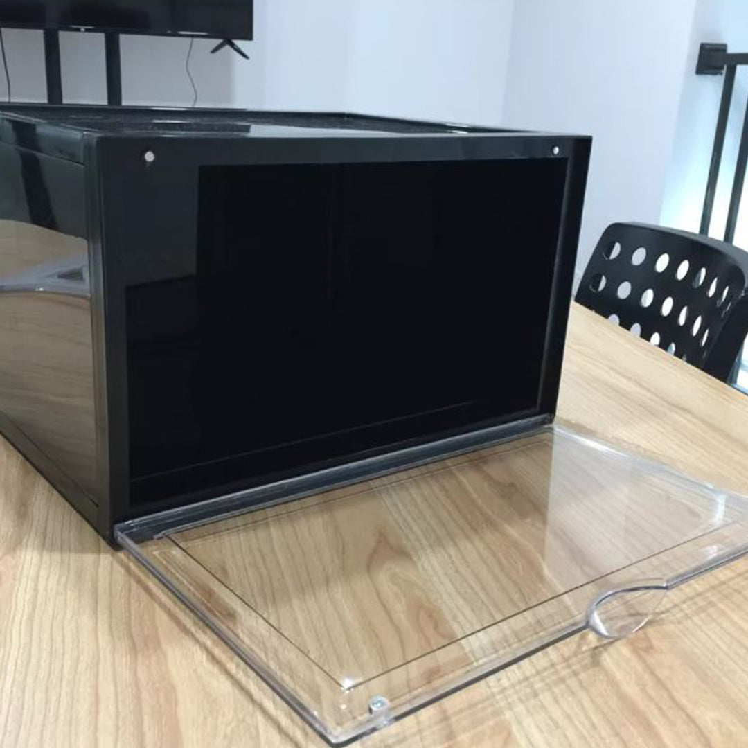 SOGA 2 Tier Black Portable Shoe Organiser Sneaker Footwear Folding Plastic Bin Stackable Storage Box with Magnetic Door