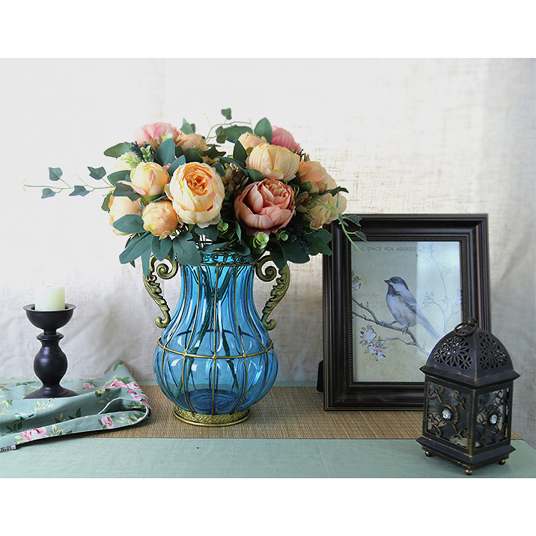 SOGA Blue Colored European Glass Home Decor Flower Vase with Two Metal Handle