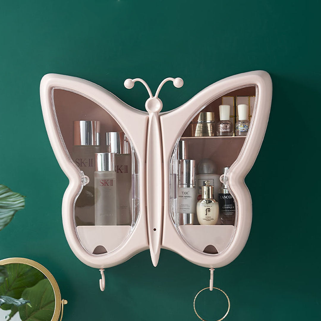 SOGA 2X Pink Butterfly Shape Wall-Mounted Makeup Organiser Dustproof Waterproof Bathroom Storage Box Home Decor