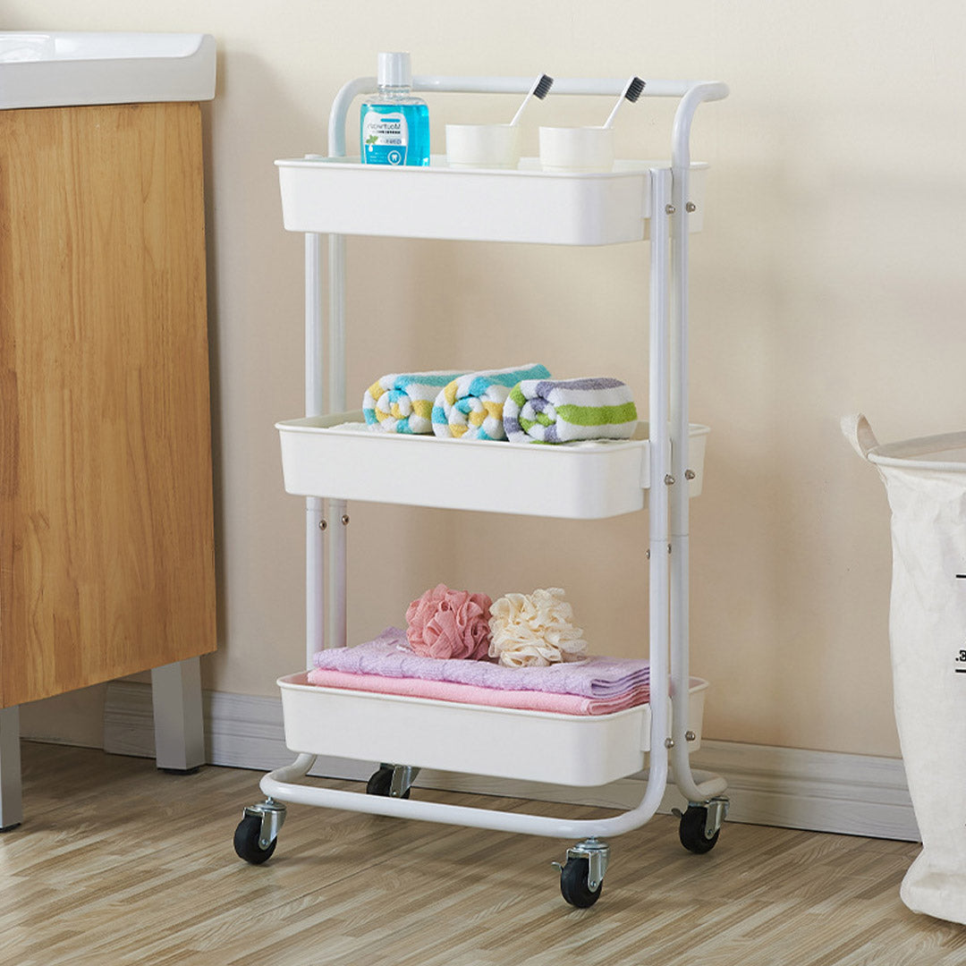 SOGA 3 Tier Steel White Movable Kitchen Cart Multi-Functional Shelves Portable Storage Organizer with Wheels