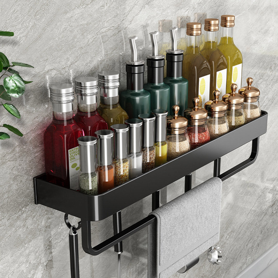 SOGA 52cm Black Wall-Mounted Rectangular Kitchen Spice Storage Organiser Space Saving Condiments Shelf Rack with Hooks