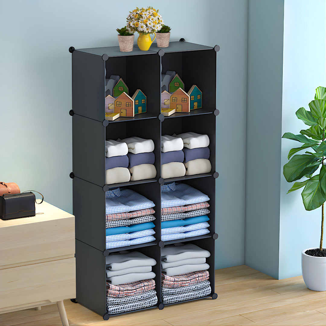 SOGA 4 Tier 8-Cube Black Portable Wardrobe Divide-Grid Modular Storage Organiser Foldable Closet