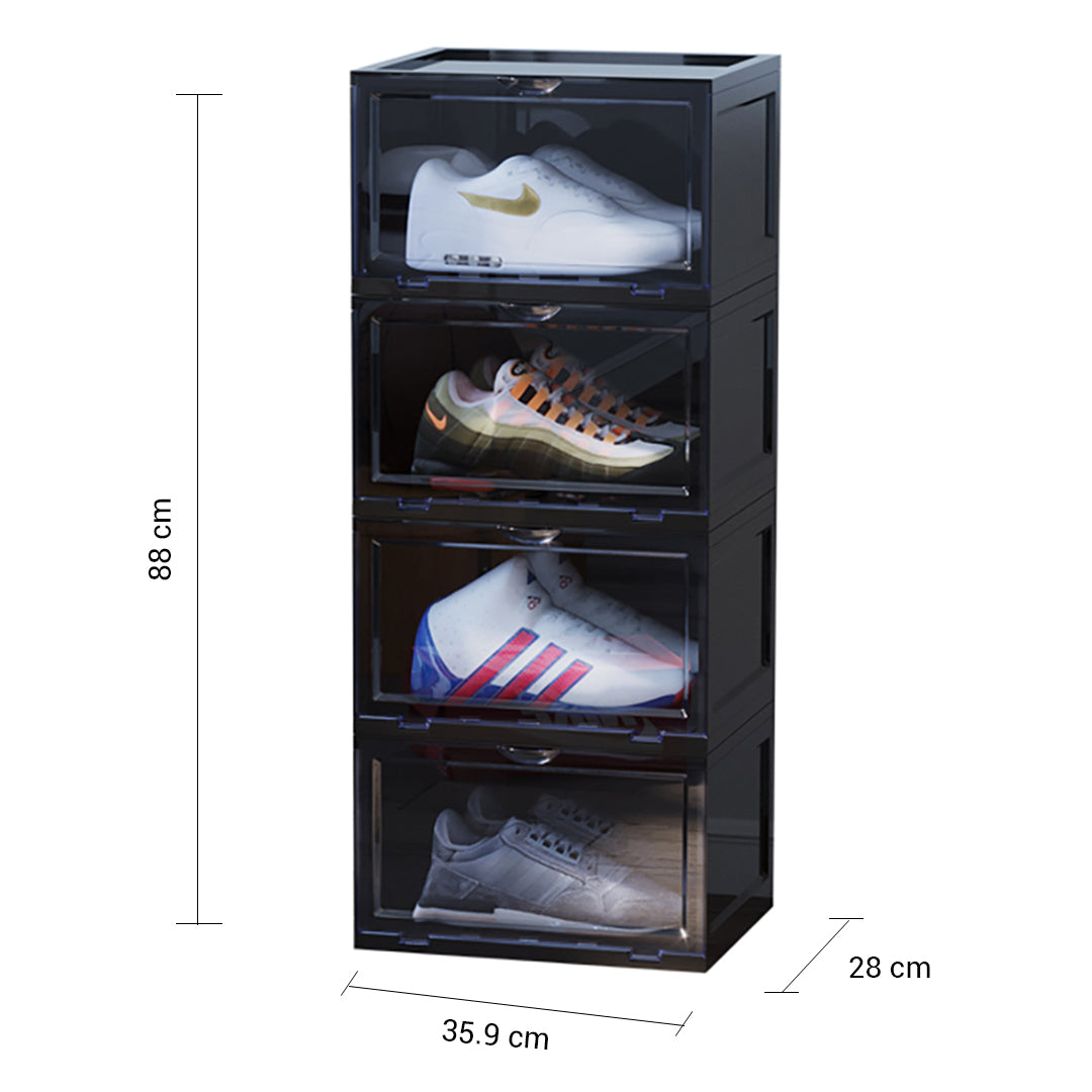 SOGA 2X 4 Tier Black Portable Shoe Organiser Sneaker Footwear Folding Plastic Bin Stackable Storage Box with Magnetic Door