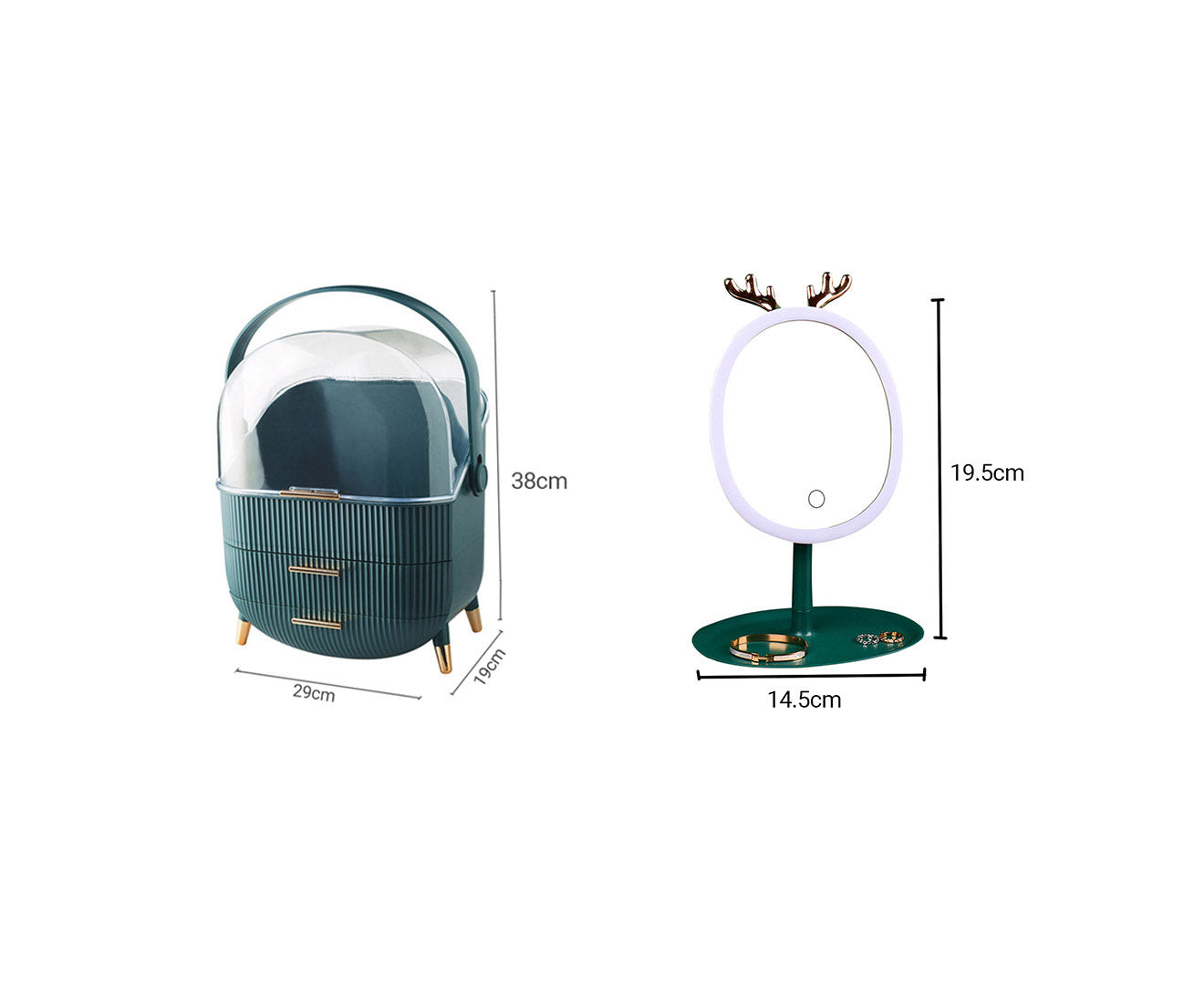 SOGA Green Cosmetic Jewelry Storage Organiser with Antler LED Light Mirror Tabletop Vanity Set