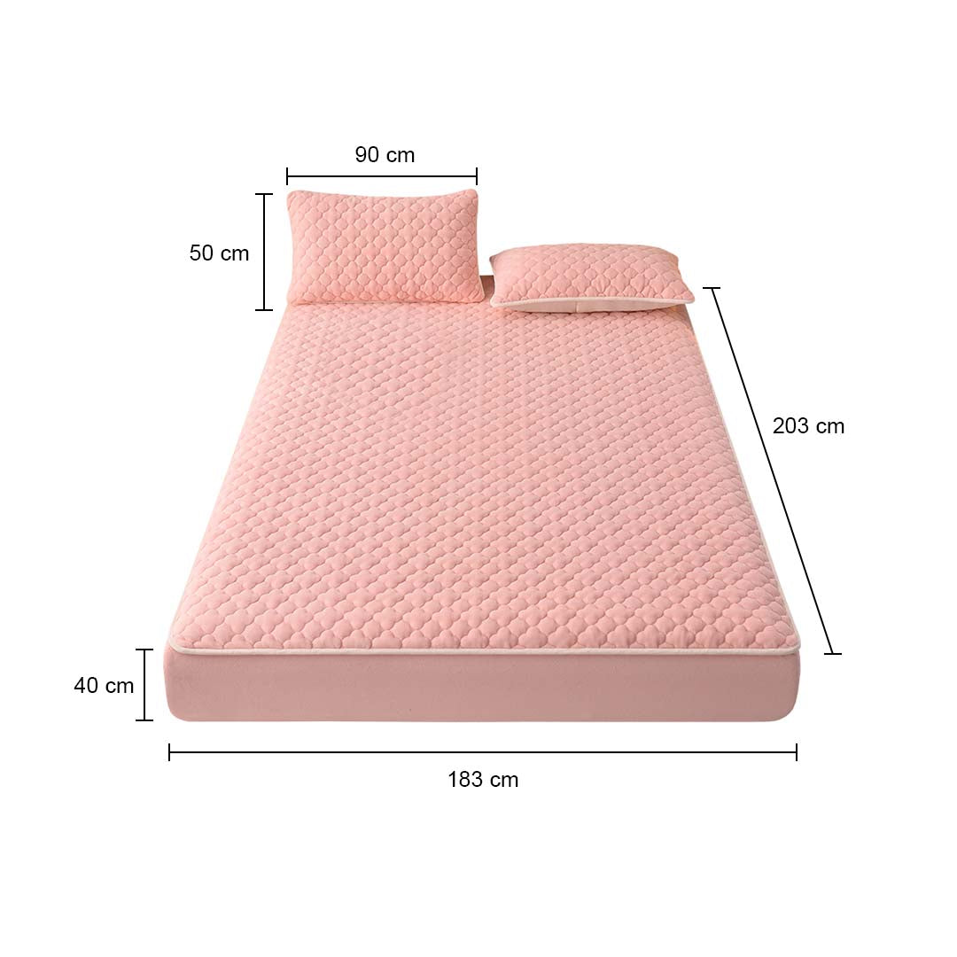 SOGA 2X Pink 183cm Wide Mattress Cover Thick Quilted Fleece Stretchable Clover Design Bed Spread Sheet Protector with Pillow Covers