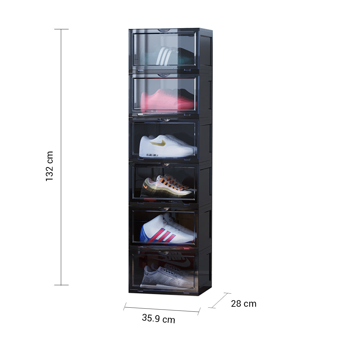 SOGA 2X 6 Tier Black Portable Shoe Organiser Sneaker Footwear Folding Plastic Bin Stackable Storage Box with Magnetic Door