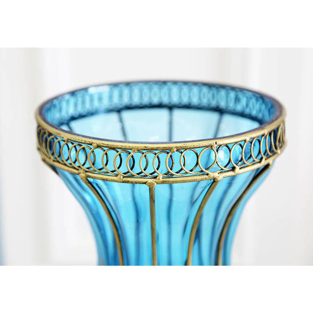 SOGA 67cm Blue Glass Tall Floor Vase and 12pcs Dark Pink Artificial Fake Flower Set