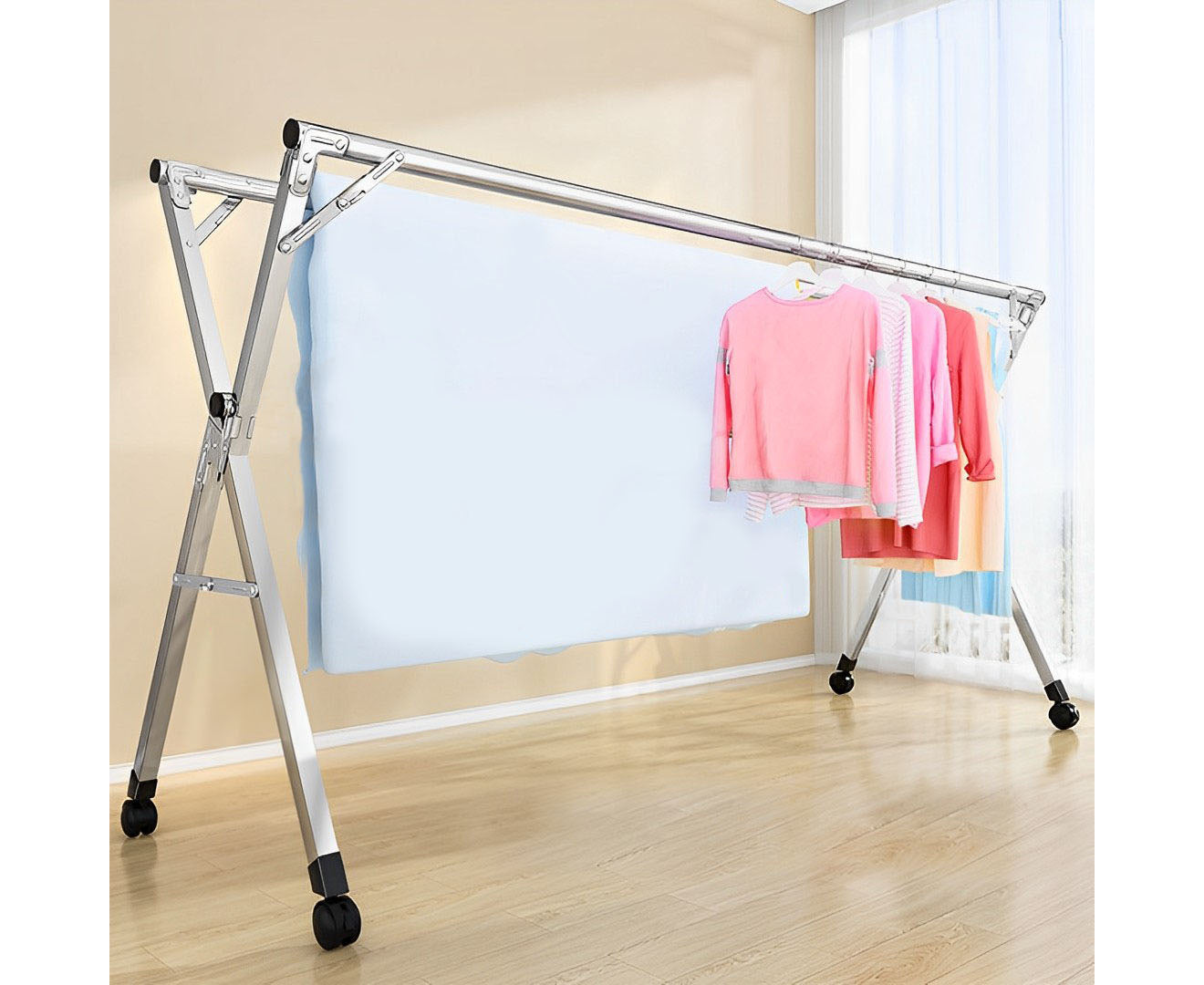 SOGA 2X 2.0m Portable Standing Clothes Drying Rack Foldable Space-Saving Laundry Holder with Wheels