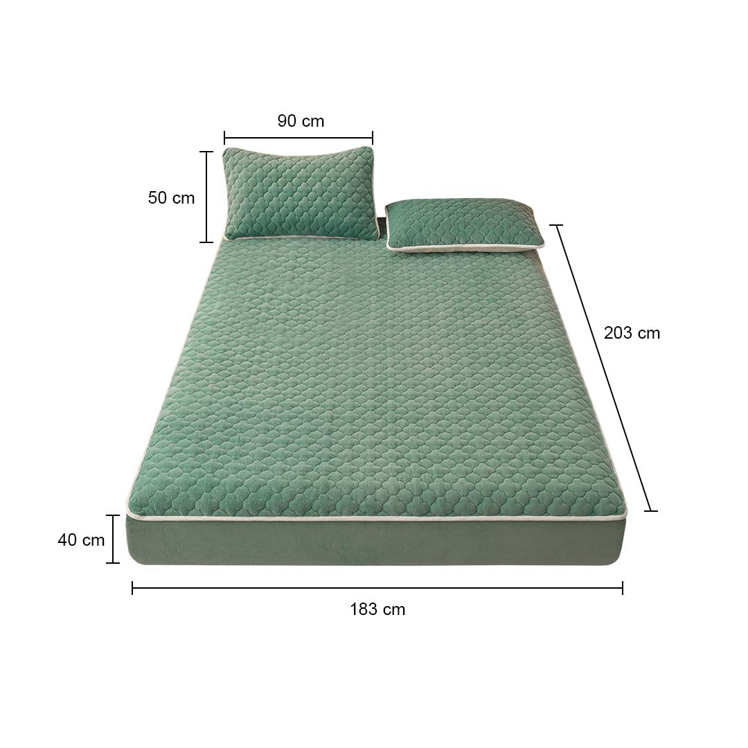 SOGA 2X Green 183cm Wide Mattress Cover Thick Quilted Fleece Stretchable Clover Design Bed Spread Sheet Protector with Pillow Covers