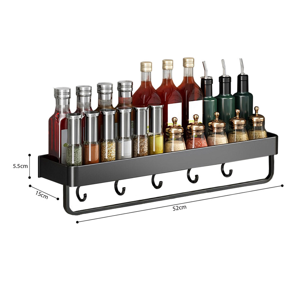 SOGA 52cm Black Wall-Mounted Rectangular Kitchen Spice Storage Organiser Space Saving Condiments Shelf Rack with Hooks