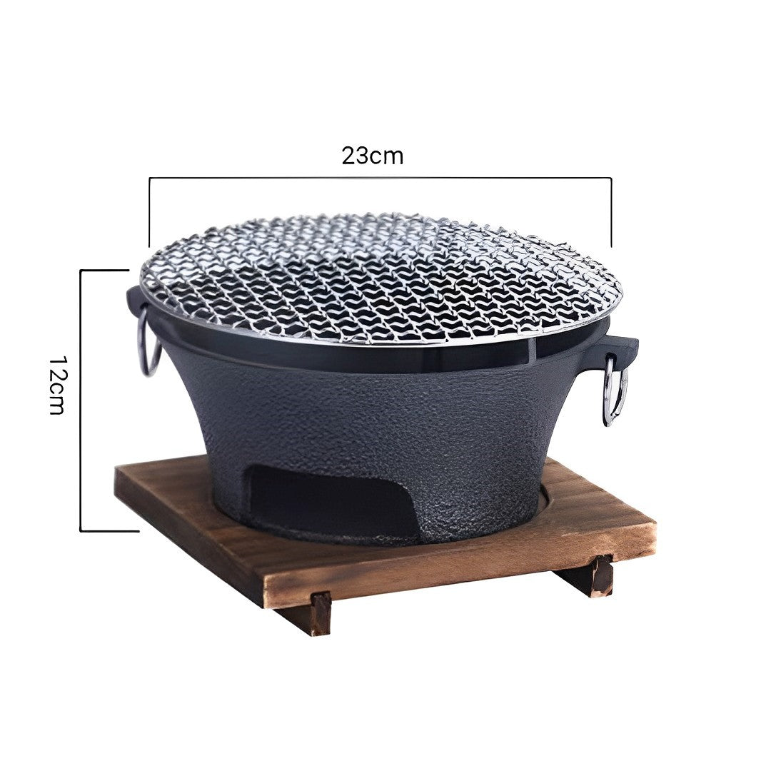 SOGA 2X Medium Cast Iron Round Stove Charcoal Table Net Grill Japanese Style BBQ Picnic Camping with Wooden Board