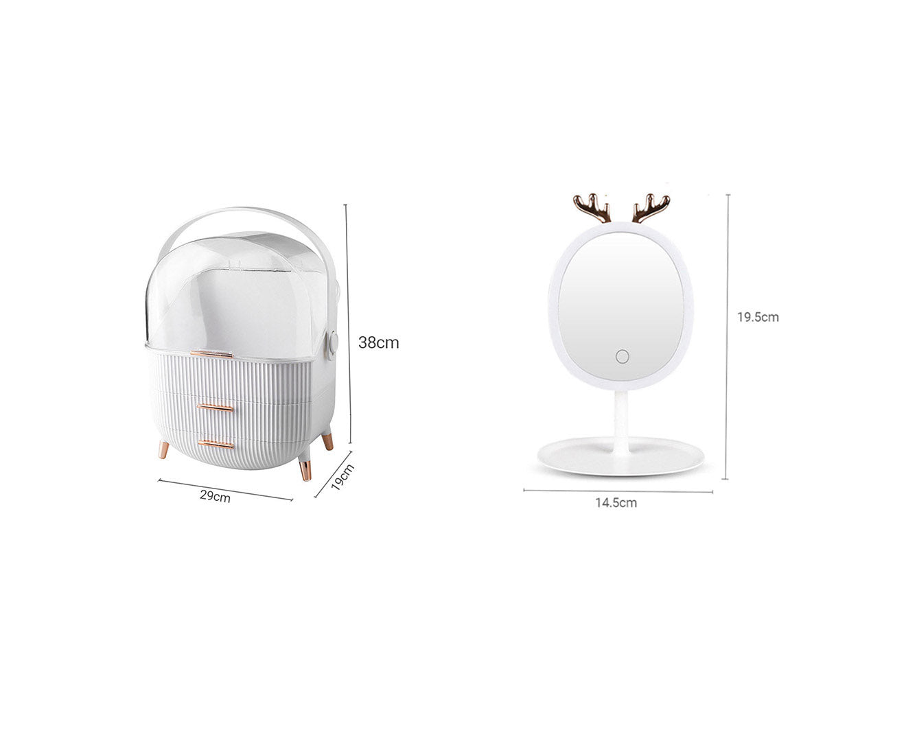 SOGA White Cosmetic Jewelry Storage Organiser with Antler LED Light Mirror Tabletop Vanity Set