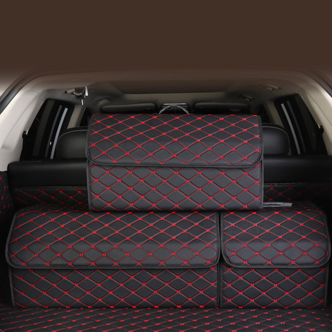 SOGA 4X Leather Car Boot Collapsible Foldable Trunk Cargo Organizer Portable Storage Box Black/Red Stitch Large