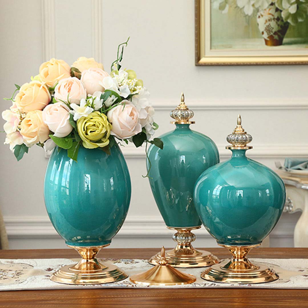 SOGA 2X 40cm Ceramic Oval Flower Vase with Gold Metal Base Green