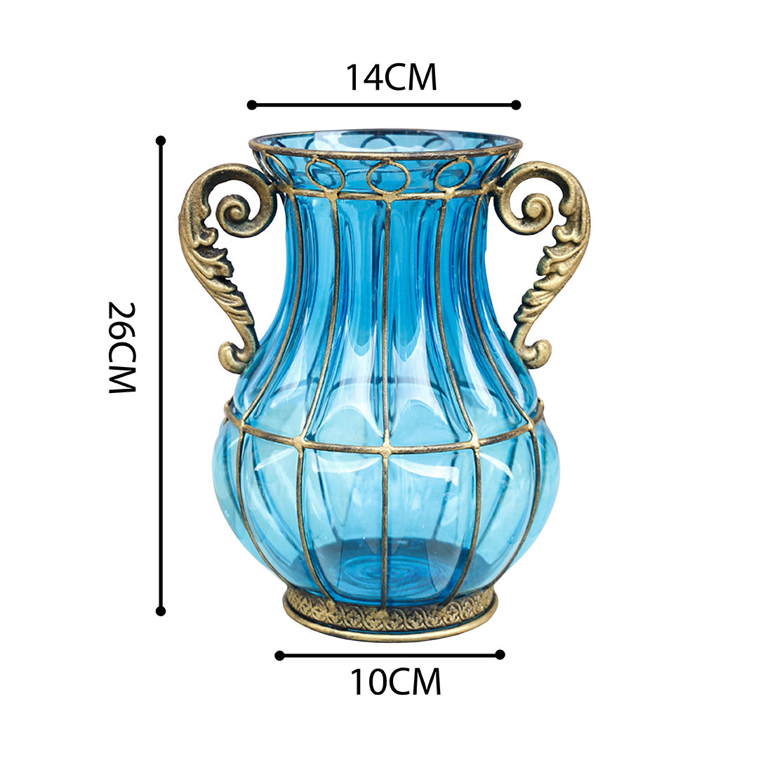 SOGA Blue Colored European Glass Home Decor Flower Vase with Two Metal Handle
