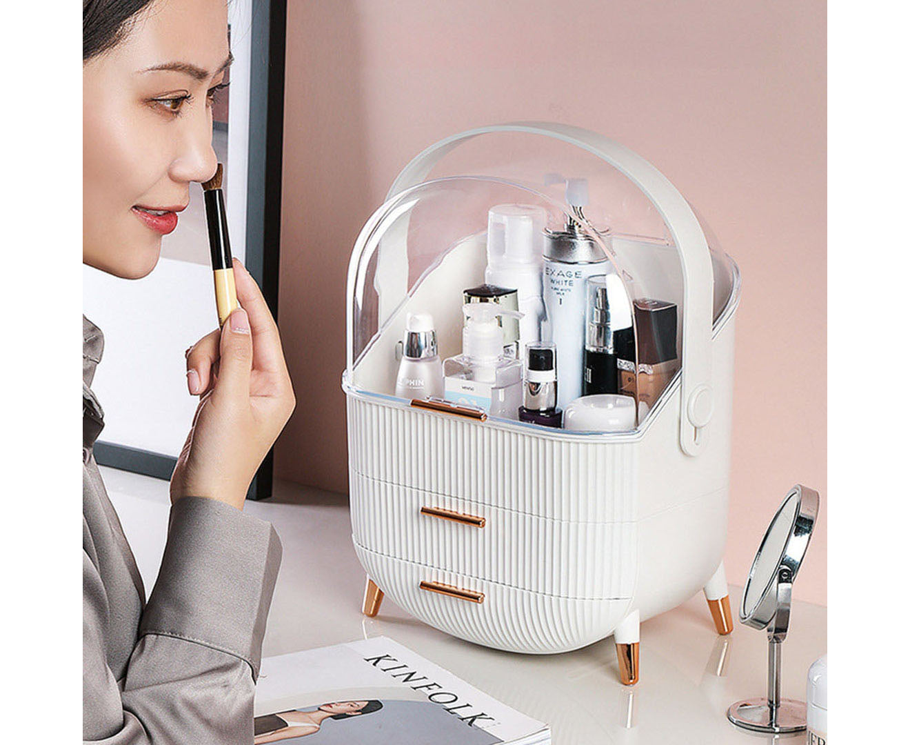 SOGA White Cosmetic Jewelry Storage Organiser with Antler LED Light Mirror Tabletop Vanity Set