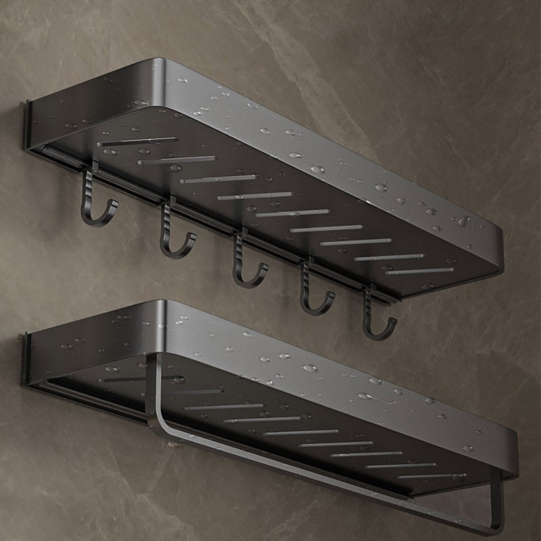 SOGA 52cm Black Wall-Mounted Rectangular Kitchen Spice Storage Organiser Space Saving Condiments Shelf Rack with Hooks