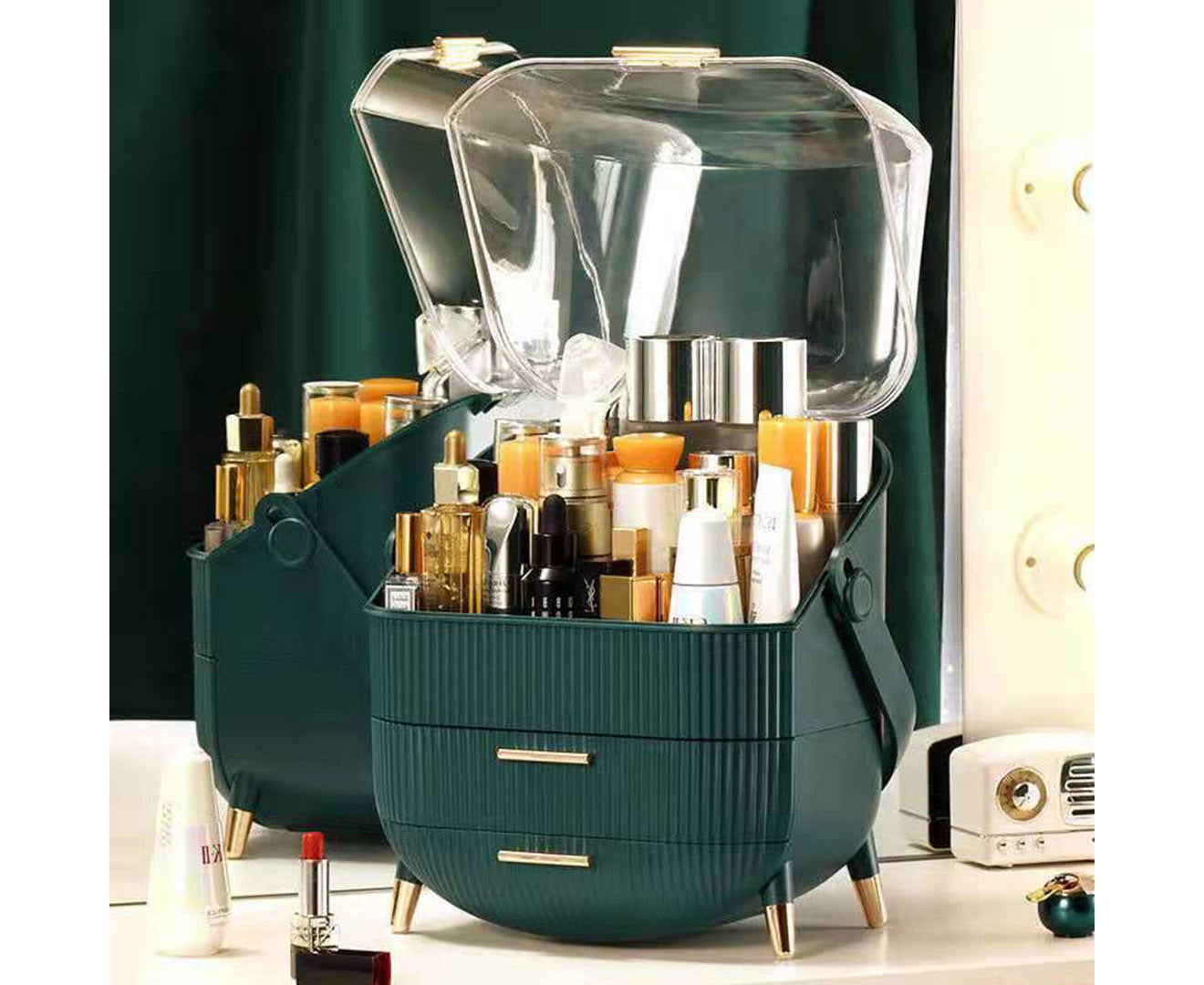 SOGA Green Cosmetic Jewelry Storage Organiser with Antler LED Light Mirror Tabletop Vanity Set
