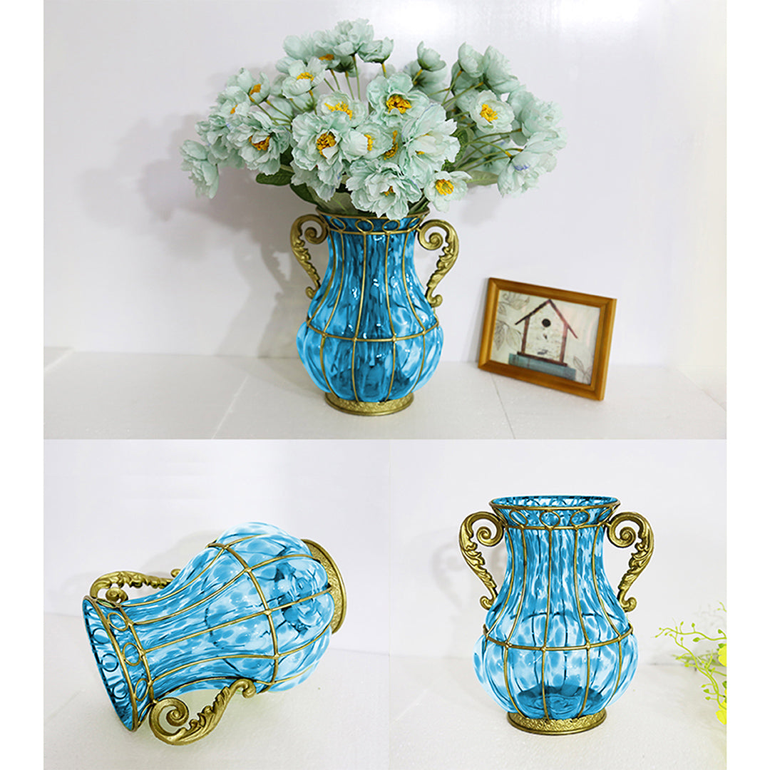 SOGA Blue Colored European Glass Home Decor Flower Vase with Two Metal Handle