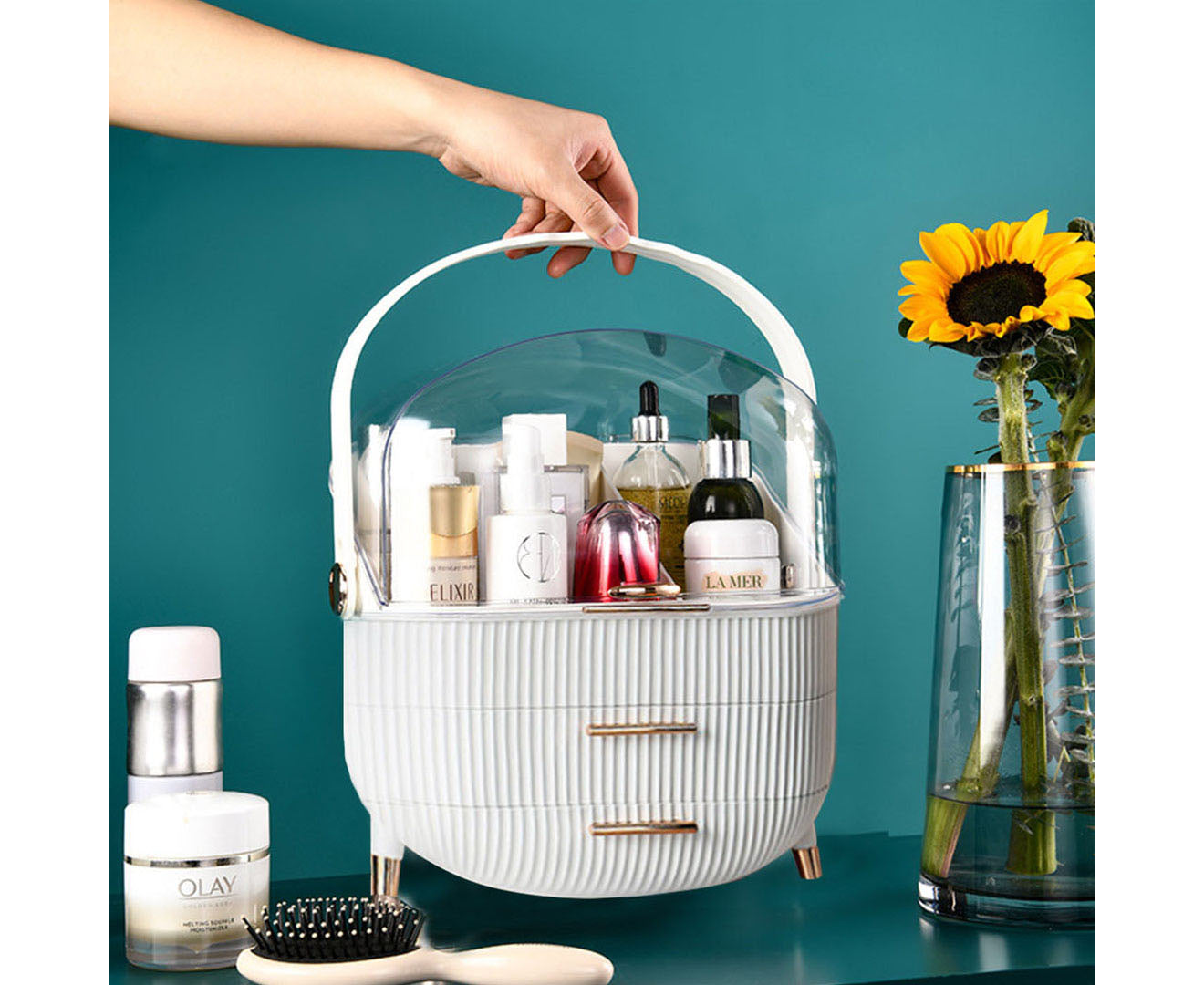 SOGA White Cosmetic Jewelry Storage Organiser with Antler LED Light Mirror Tabletop Vanity Set