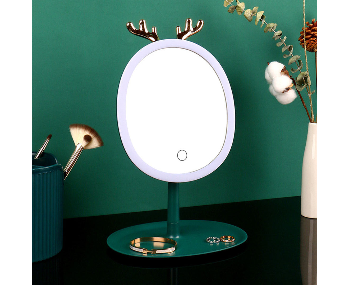 SOGA Green Cosmetic Jewelry Storage Organiser with Antler LED Light Mirror Tabletop Vanity Set