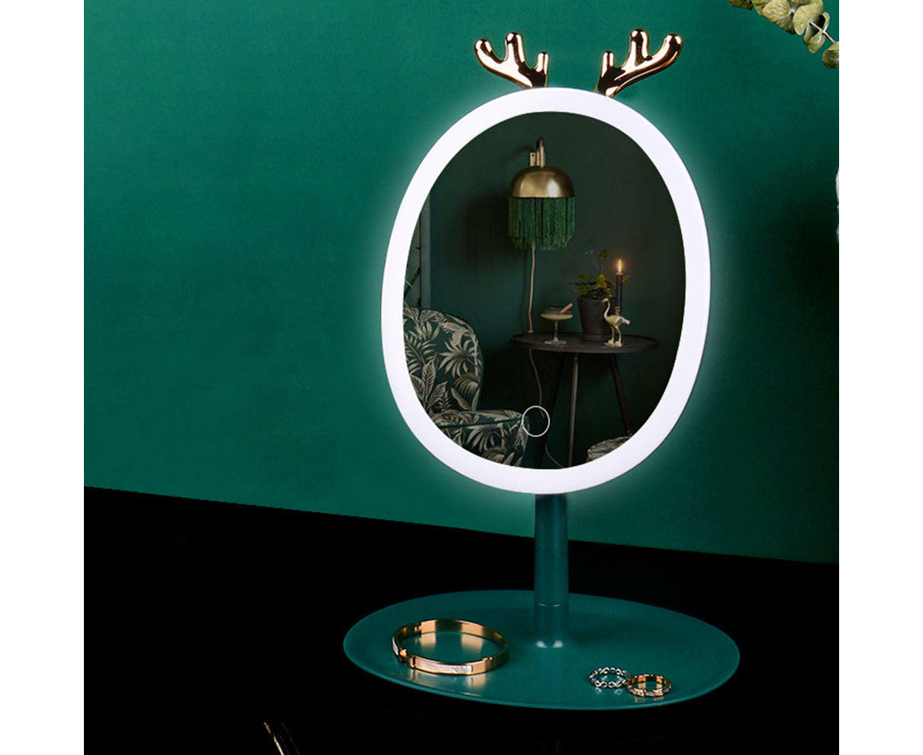 SOGA Green Cosmetic Jewelry Storage Organiser with Antler LED Light Mirror Tabletop Vanity Set