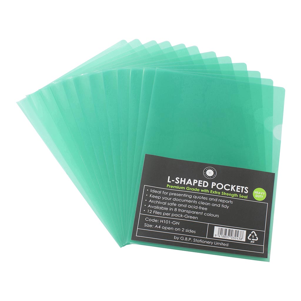 OSC L Shaped Pockets A4 Green, Pack of 12