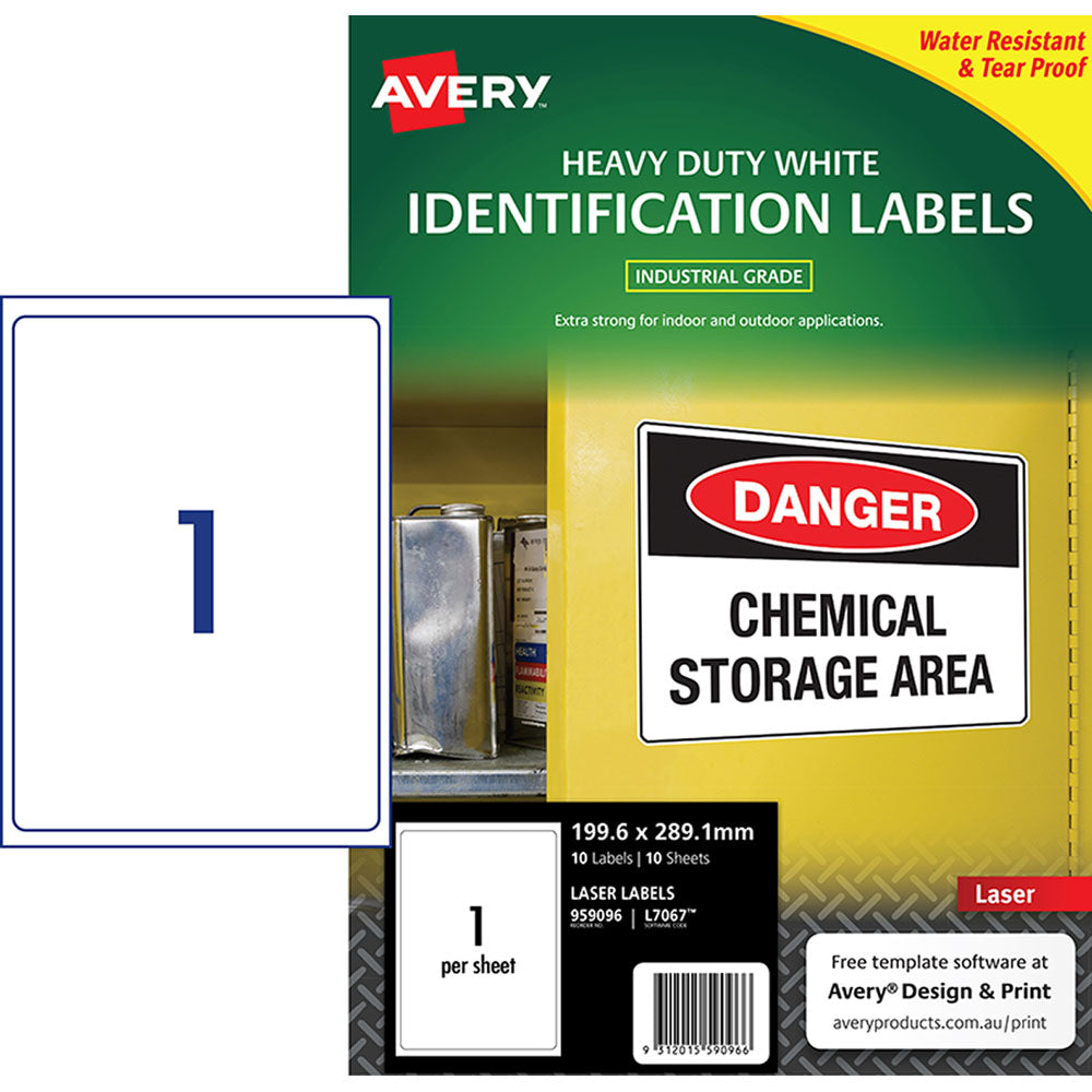 Avery Heavy Duty ID Label L7067 White Laser 199.6x289.1mm 1up 10 Sheets - Cafe Supply