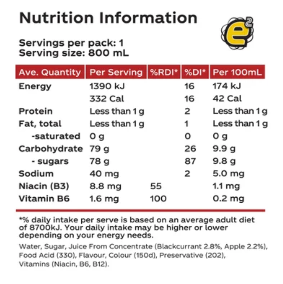 e2 Blackcurrant & Apple Liquid Energy Fruit Drink 800ml - Cafe Supply