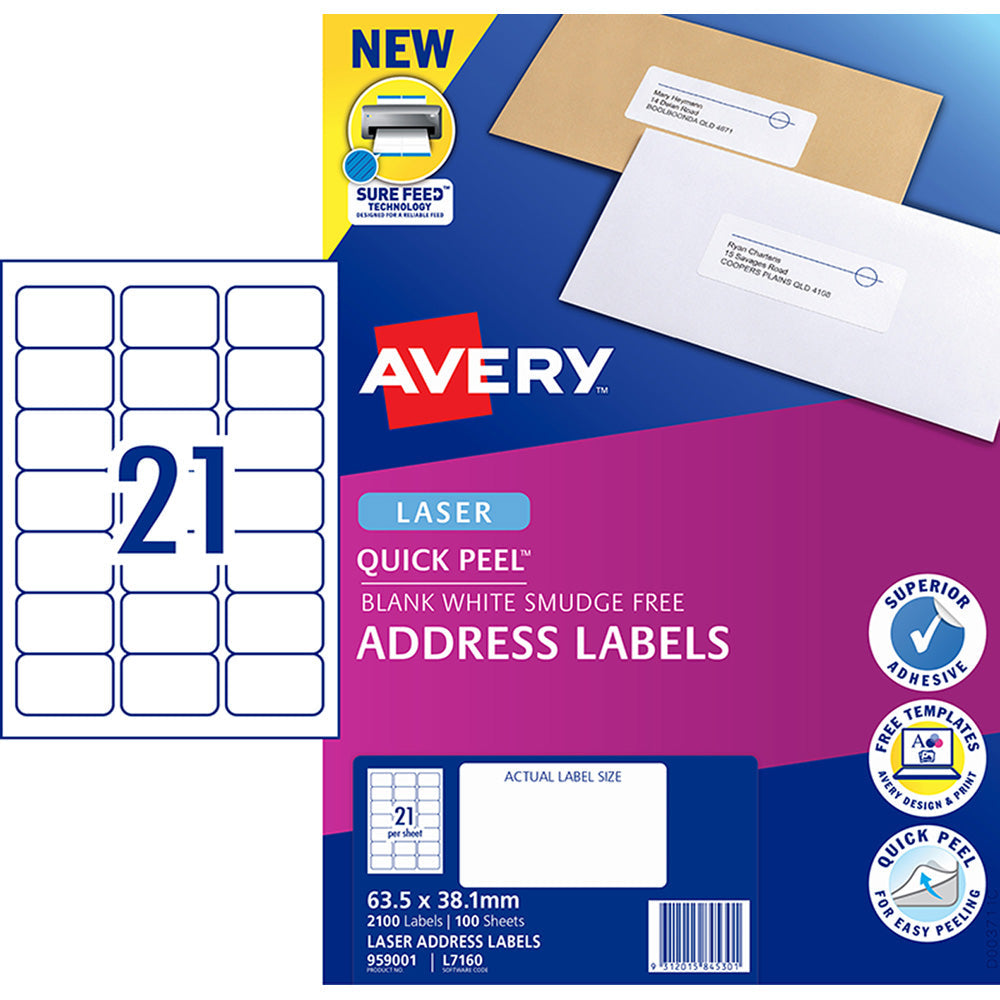 Avery Label L7160-100 Quick Peel 63.5x38.1mm 21up 100 Sheets - Cafe Supply