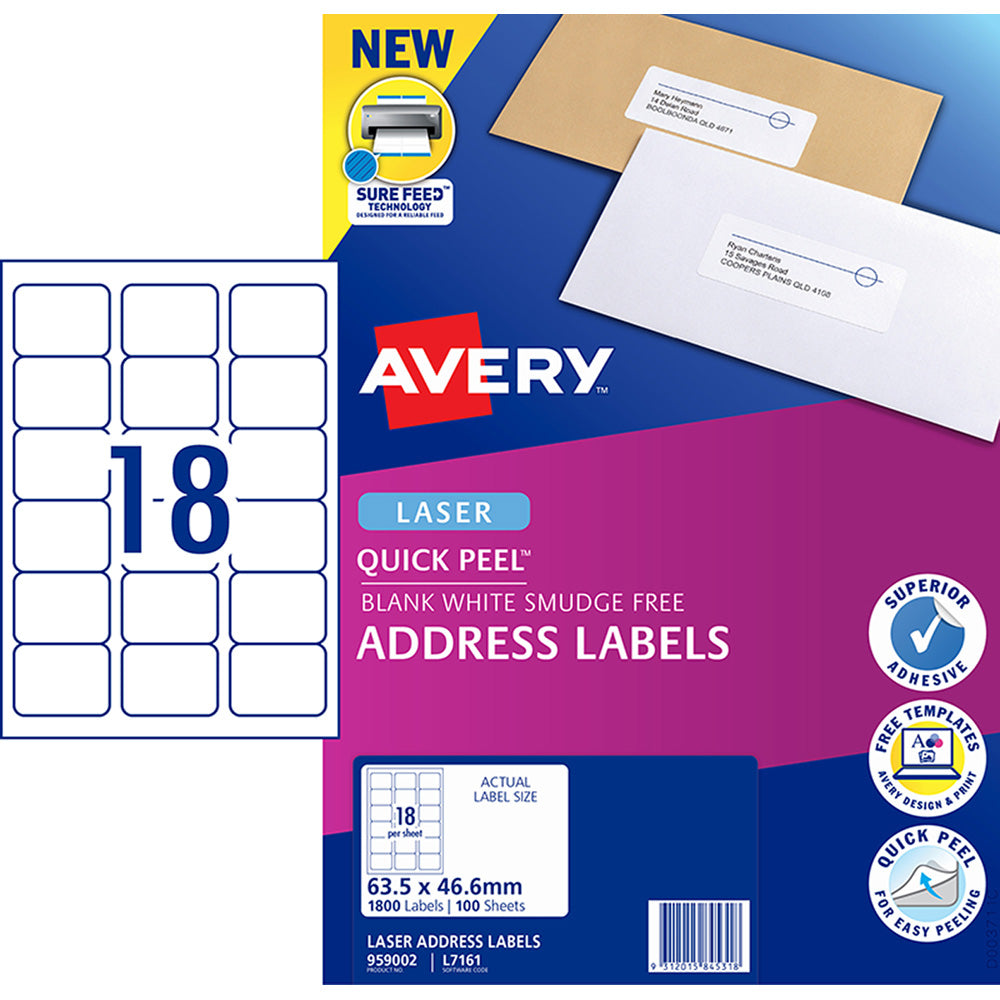 Avery Label L7161-100 Laser 18up 100 Sheets 63x46mm - Cafe Supply