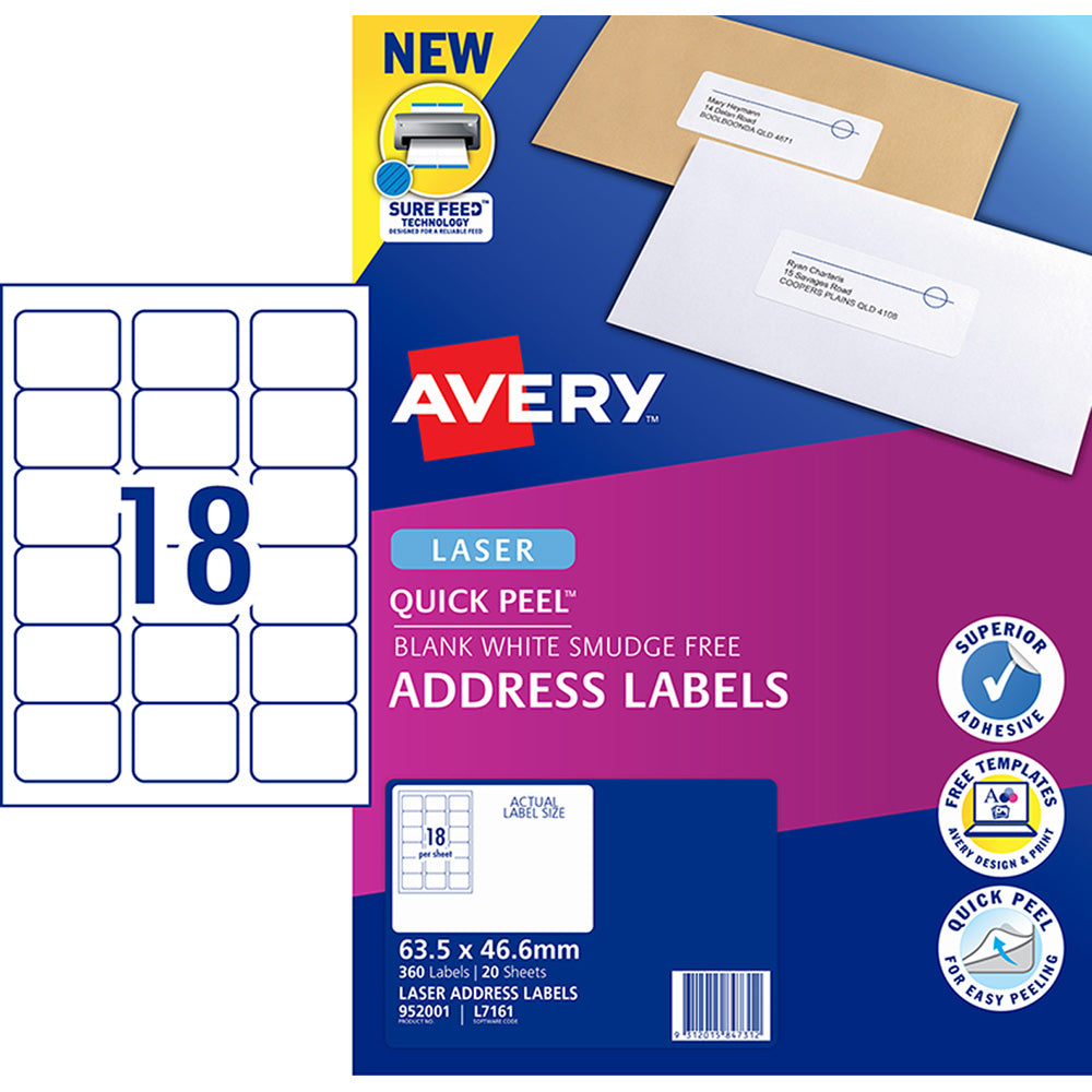 Avery Label L7161-20 Laser 18up 20 Sheets 63x46mm - Cafe Supply