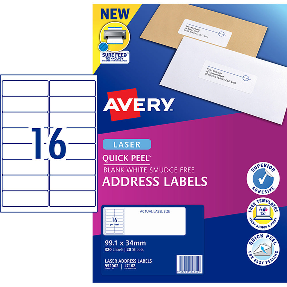Avery Label L7162-20 Laser 16up 20 Sheets 99x34mm - Cafe Supply