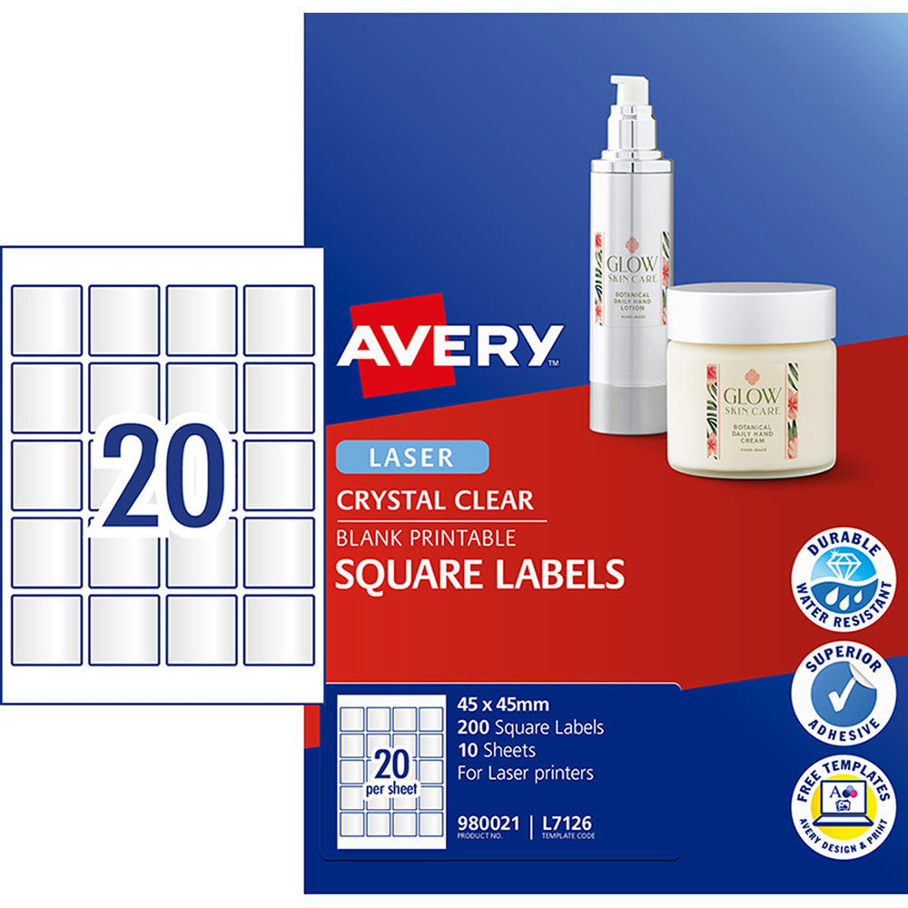 Avery Label L7126 Square Crystal Clear 20up 10 Sheets 45x45mm - Cafe Supply