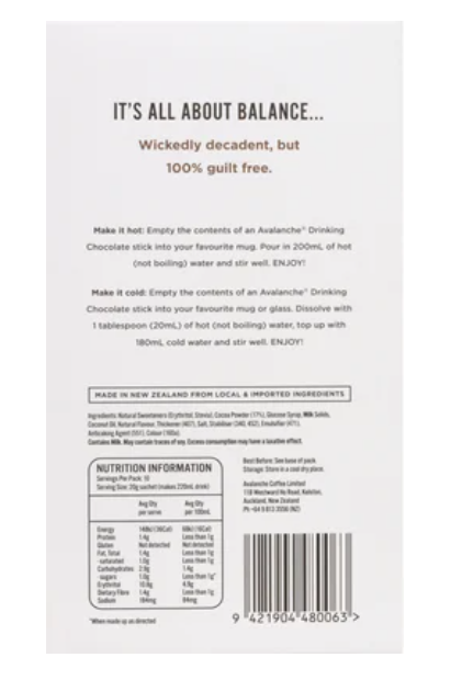 Avalanche 99% Sugar Free Drinking Chocolate Sticks 10 x 20g - Cafe Supply