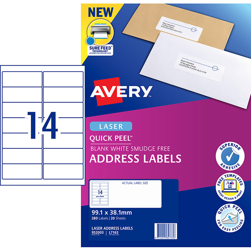 Avery Label L7163-20 Laser 14up 20 Sheets 99x38mm - Cafe Supply
