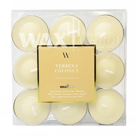 'W' SCENTED RANGE 4 HOUR TEALIGHTS (9pk) - VERBENA COCONUT - Cafe Supply