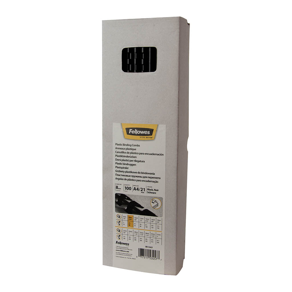 Fellowes Plastic Binding Coils 8mm Black, Pack of 100
